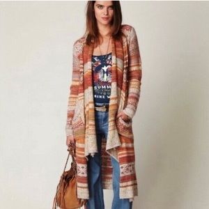 Free People Long Aztec Southwestern Cardigan, Orange, Red, Boho Style- XS